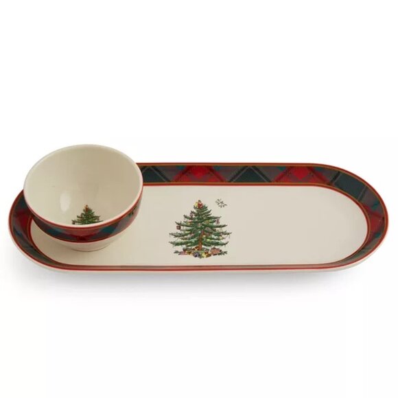 Spode Christmas Tree Collection Tartan 2-Piece Chip and Dip Set - Picture 1 of 13